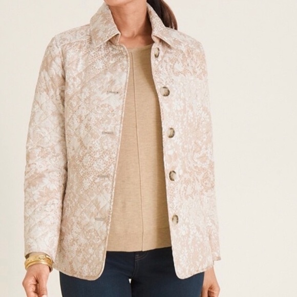 Chico's Lace-Print Quilted Neutral Lightweight Classic Jacket - Picture 1 of 16
